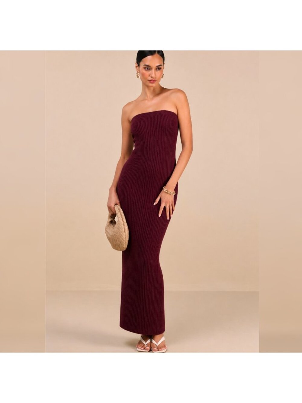 NEW Lulus‎ - S Ribbed Strapless Maxi Dress Tube Sweater Knit Bodycon Burgundy